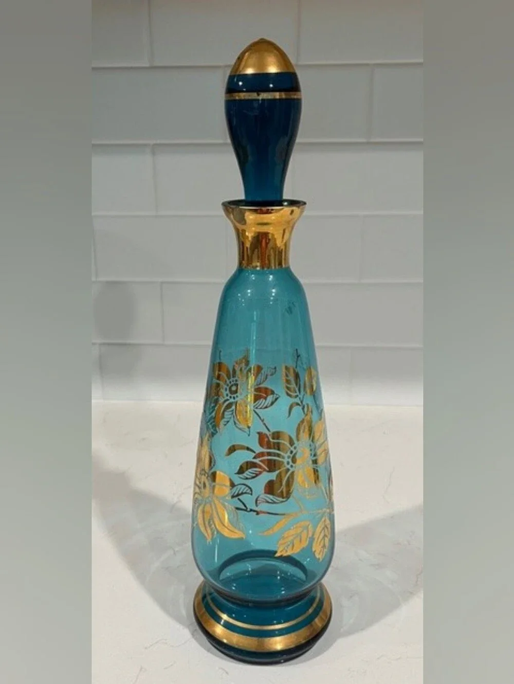 Vintage MCM Bohemian‎ Blue & Gold Gilded Liquor Decanter Set With 6 Glasses